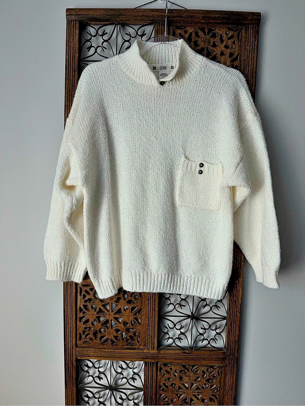 90s Vintage OHI Cream Knit Turtleneck Sweater Size Large
